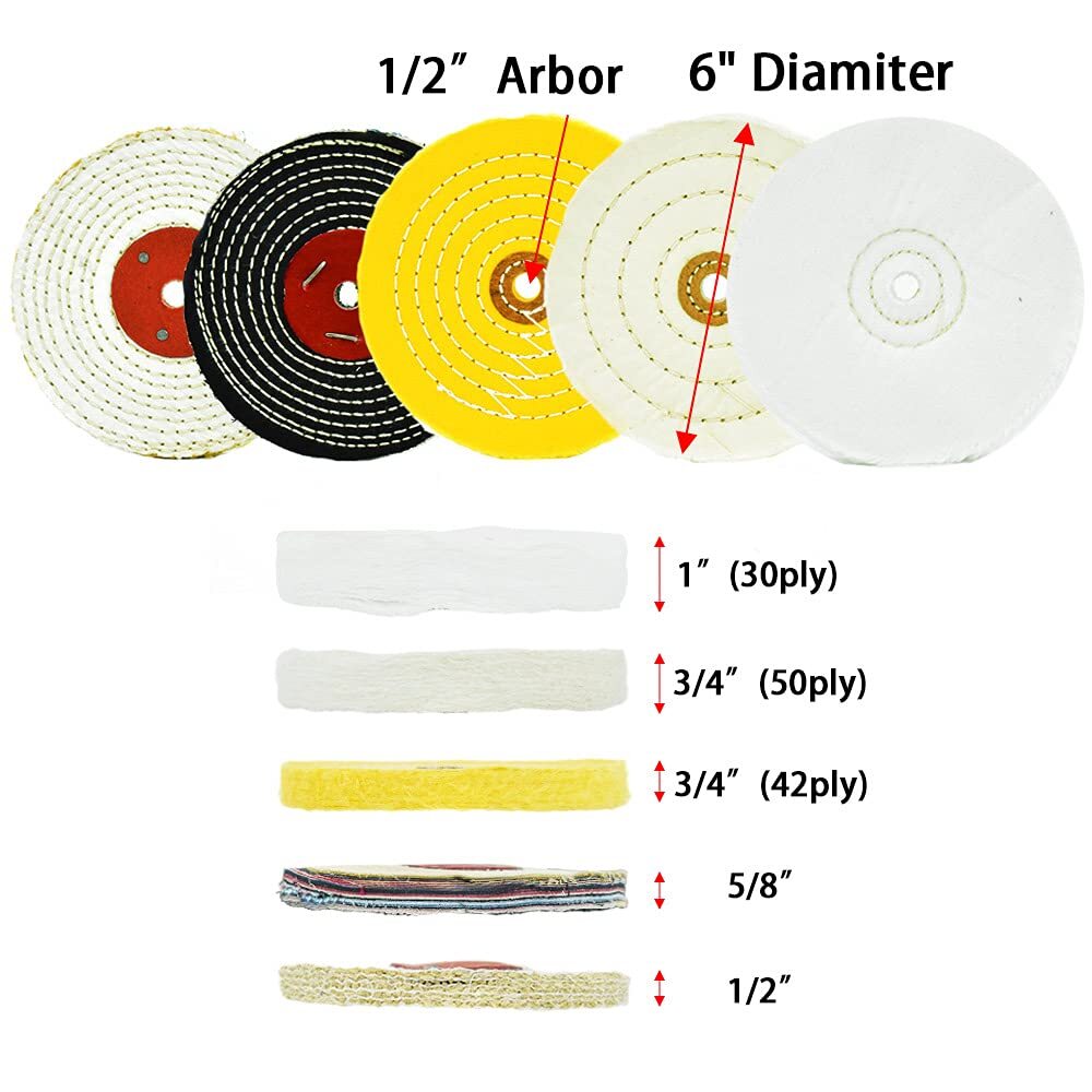 Buffing Polishing Wheel 6″x1/2″Arbor Coarse,Rough,M,Fine for Bench Grinder, 5-Pc