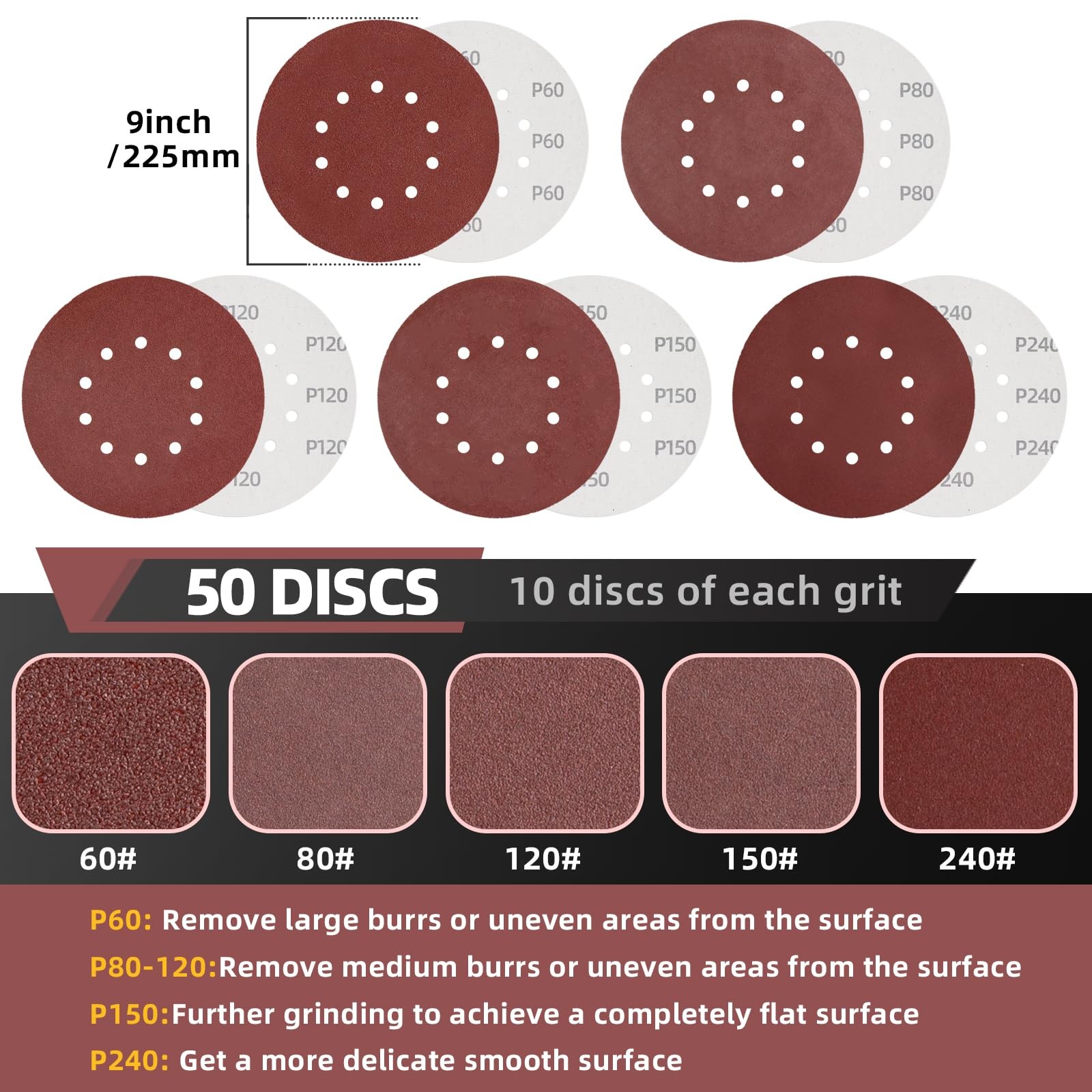 50pcs 9 inch 10 Hole Sanding Discs Set -10 Each of 60 80 120 150 240 Grits,…