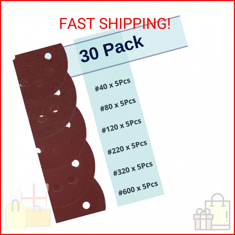 Bates- Sanding Discs 5 Inch 8 Hole, 30 Pack, Assorted Grits 40 80 120 220 320 60