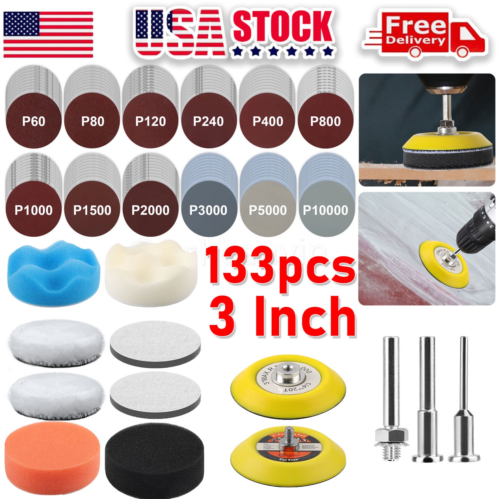 133pcs 3 Inch Sanding Disc Kit, 60-10000 Grit Wet Dry Hook & Loop Sandpaper Pads