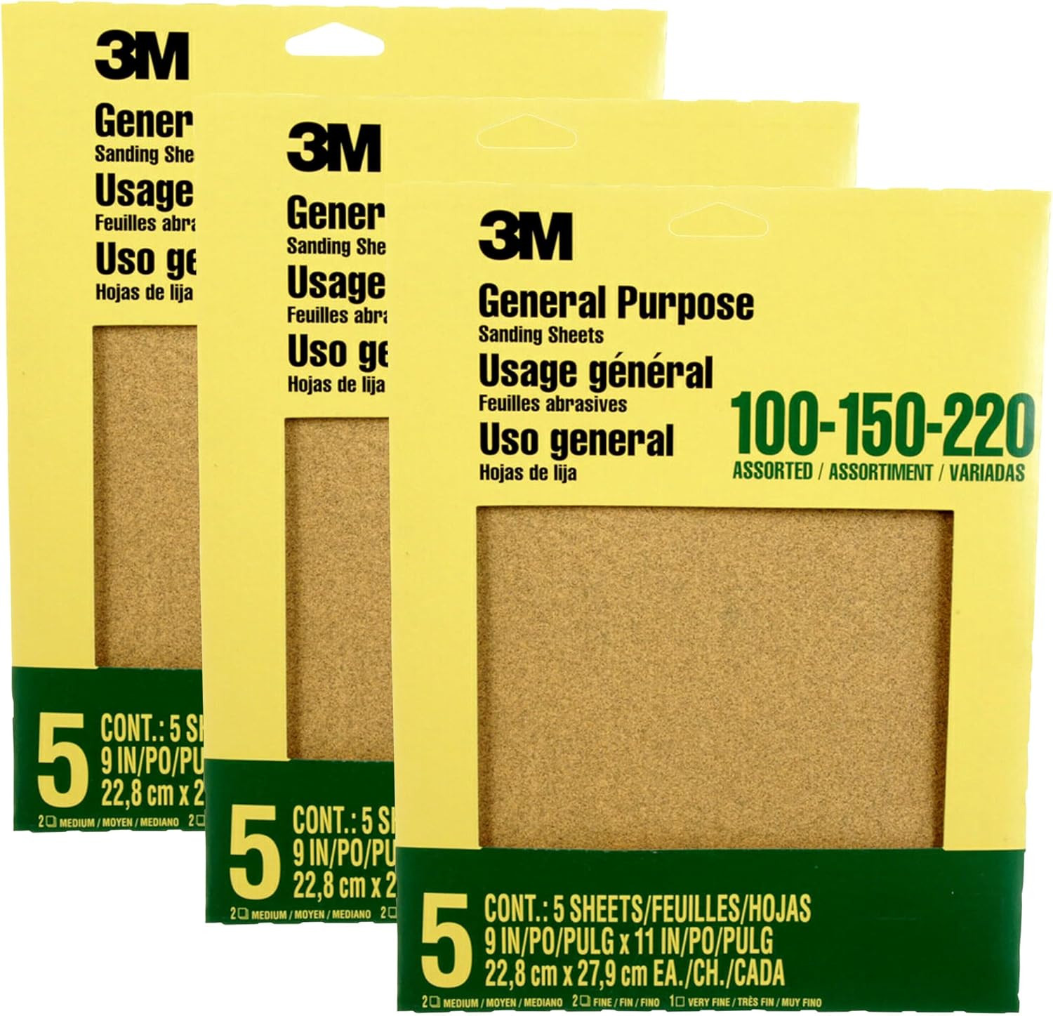 3 Pack – Aluminum Oxide Sandpaper, 5 Sheets, 100-150-220, 9-In X 11-In (9005NA)