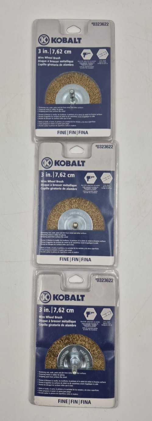 Lot of 3 Kobalt Wire Wheel Brush 0323622 3″ 7.62 cm Fine 1/4″ Shank Drill Bit