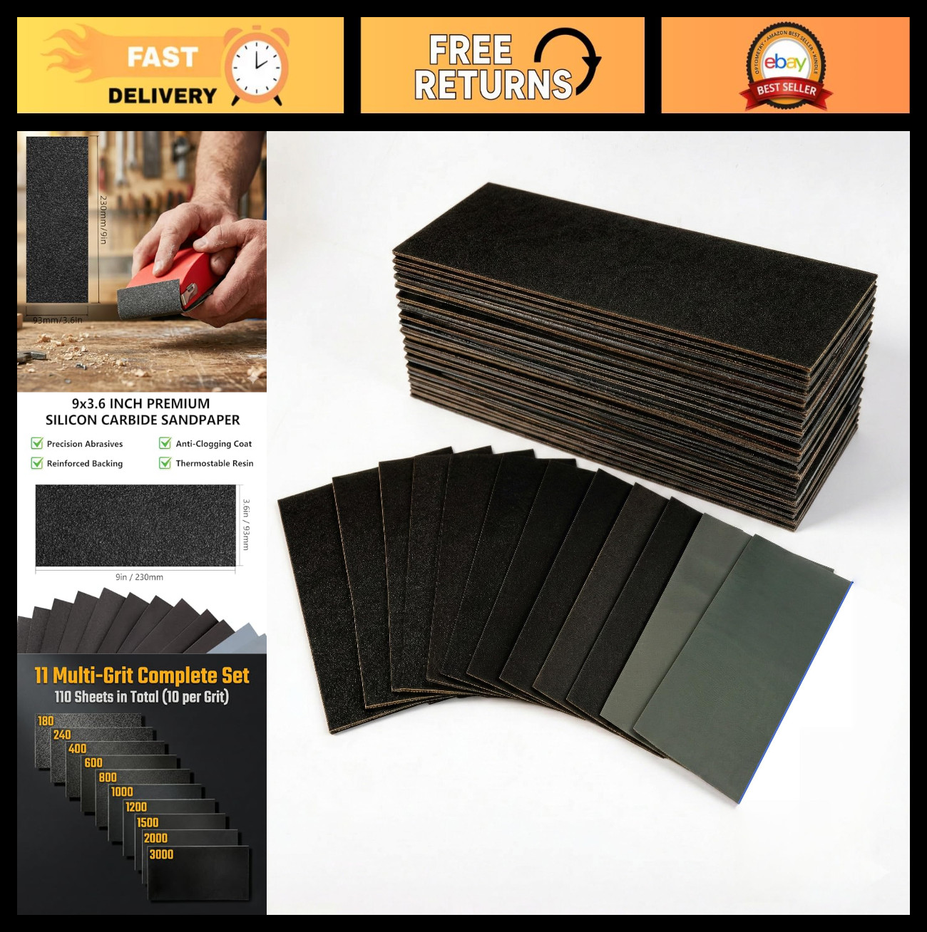 110 PCS Assorted Grit Sandpaper Sheets 120-3000, Wet Dry Kit for Wood, Metal & A