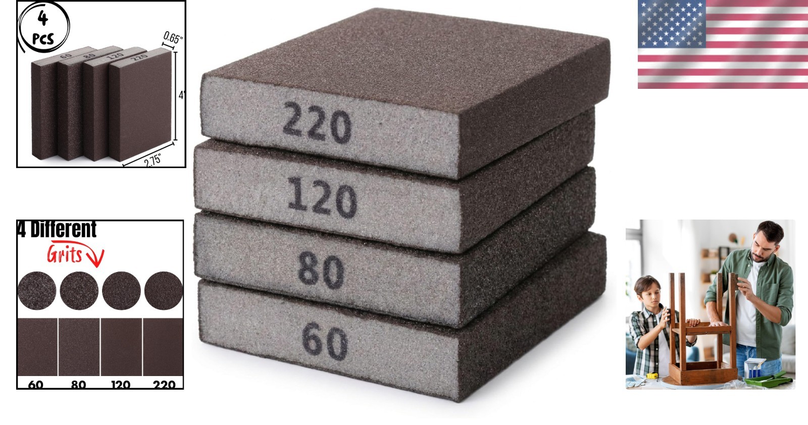 Bates Sanding Sponges, 4-Pack with Grits 60/80/120/220 for Home Projects