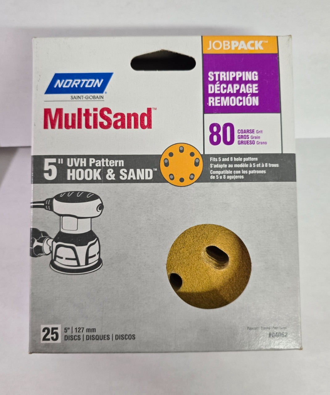 5″ Hook & Loop Sanding Discs, 8 Hole, Norton, 80 Grit, #04062, 25 pack