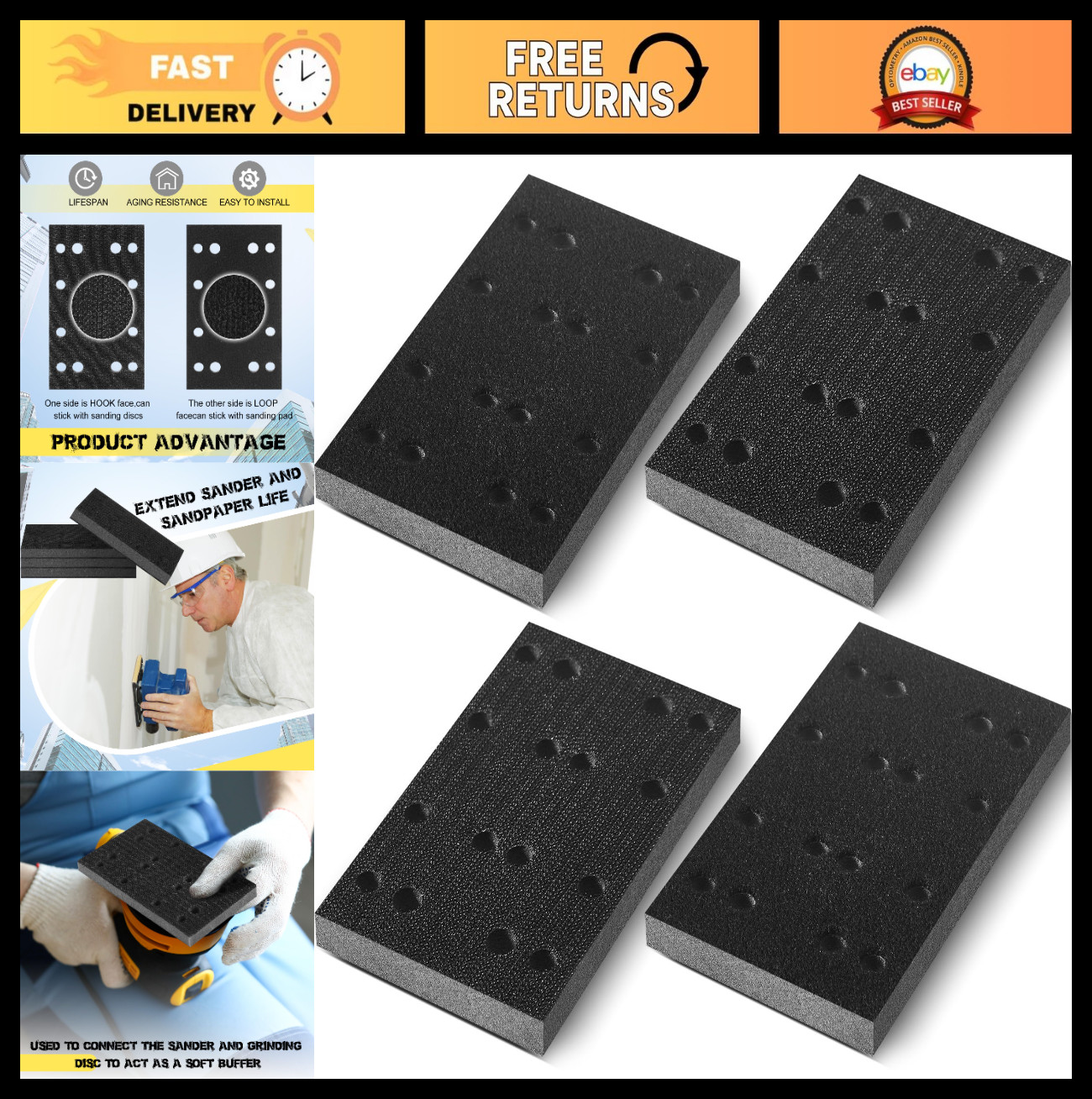 4 Pcs Soft Foam Sanding Pads for Sander, 80x133mm Backing Pad Compatible with Fe
