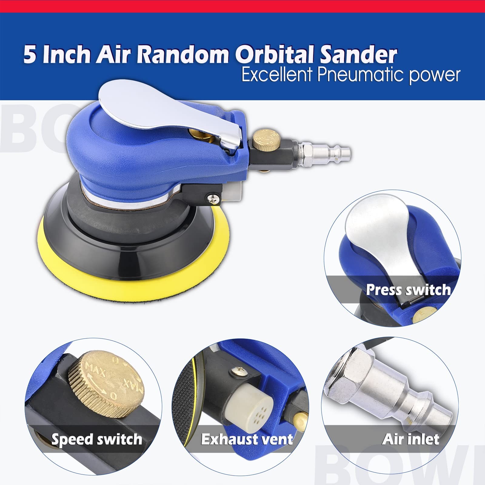 5 Inch Air Random Orbital Sander, Pneumatic Palm Sander tool with 10 Pcs…