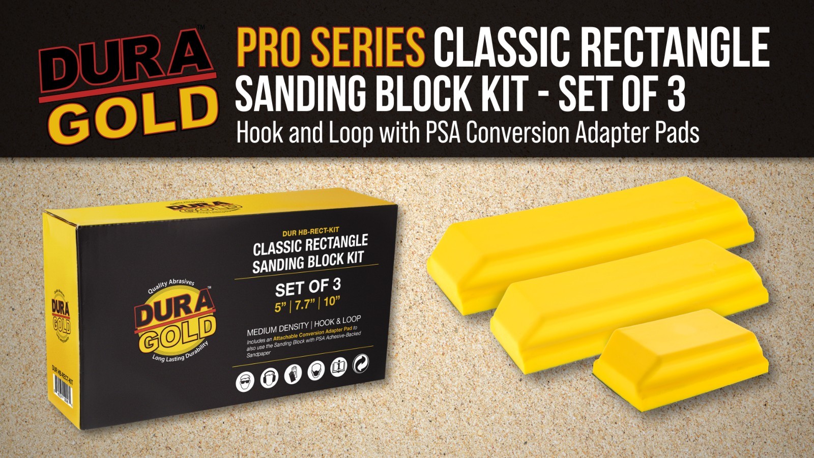 Classic Rectangle Hand Sanding Block Kit – 3 Sizes, Hook & Loop, PSA Adapter – A
