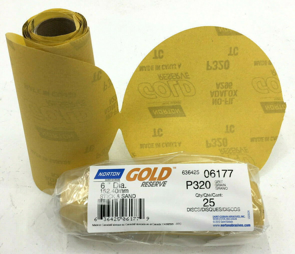 320 GRIT NORTON 6″ GOLD RESERVE PSA SAND PAPER STICKY BACK 25 SHEET ROLL