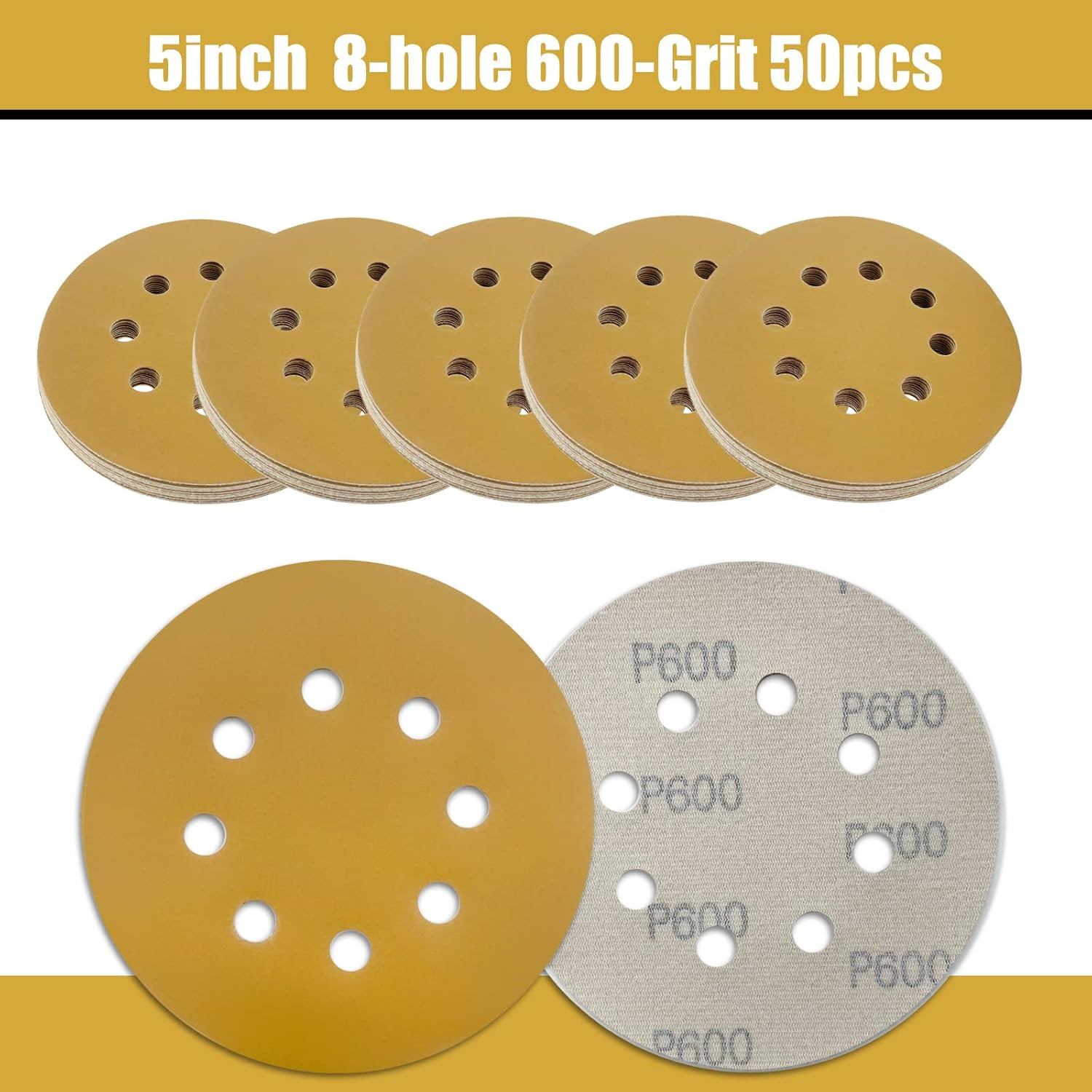 5 Inch Sanding Discs Hook and Loop, 600 Grits 8 Holes Sandpaper round Orbital Sa