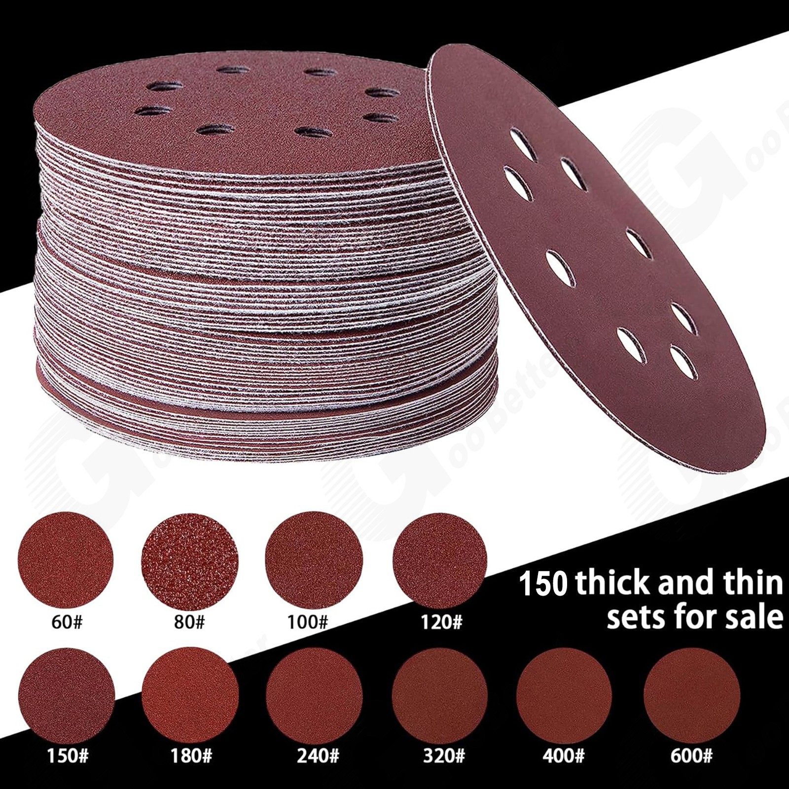 150Pcs 5inch Sanding Discs 40-240 Grit Set Hook Loop 8-Hole Orbital Sander Paper