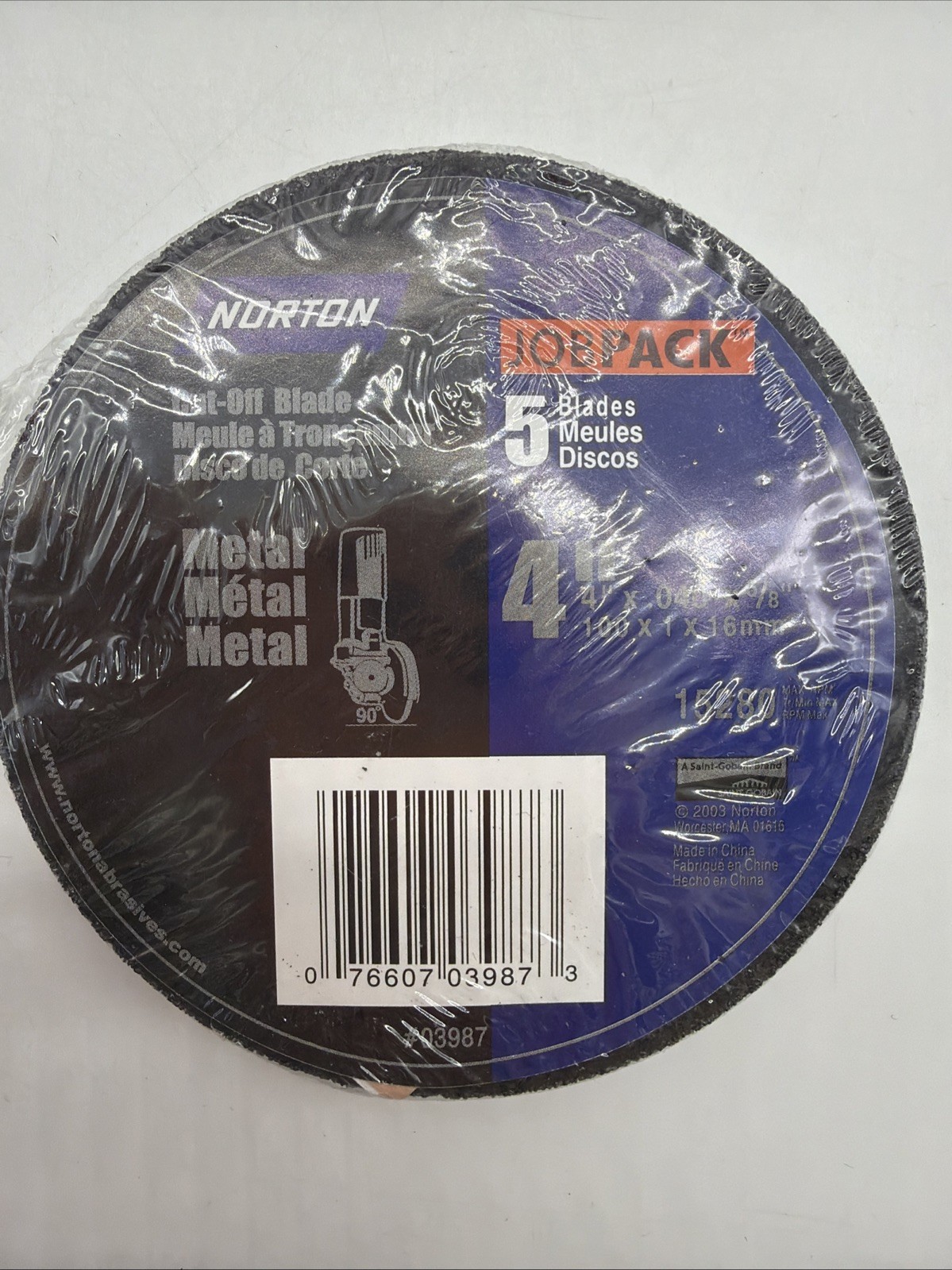 Norton Job Pack 5 Cutoff Wheels, 4in. Dia., 15,280 RPM, Model# 07660703987.
