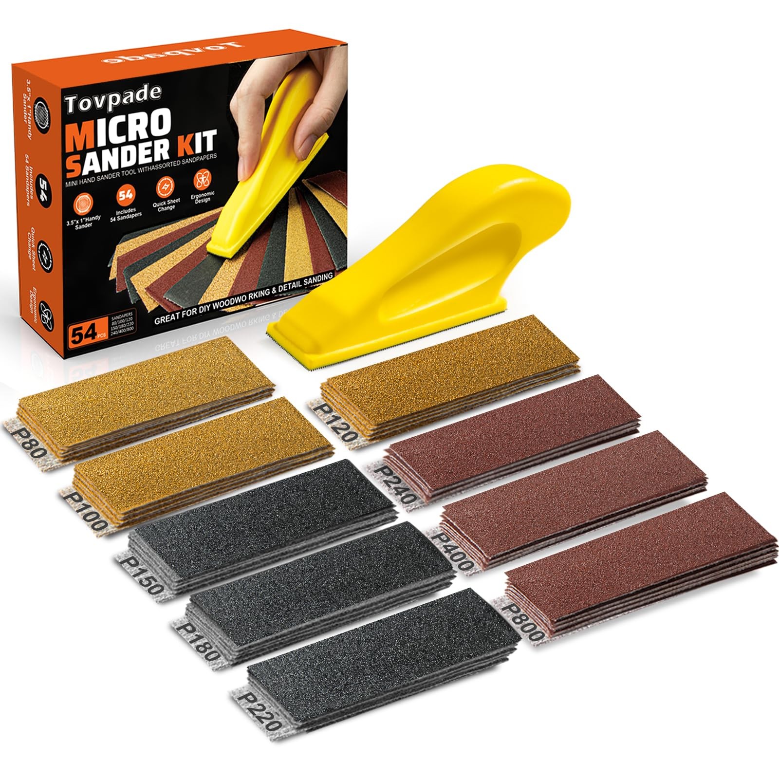 54pc Micro Detail Sander Block Kit, 80-800 Grit Sandpaper, Wood Crafts