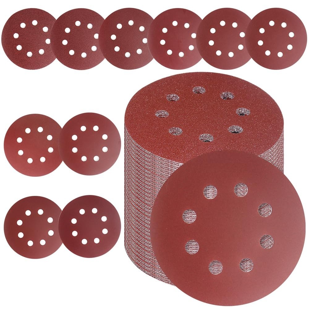 50 PCS 5 Inch 8 Hole Sanding Discs, Adhesive Hook and Loop Sandpaper for Rand…