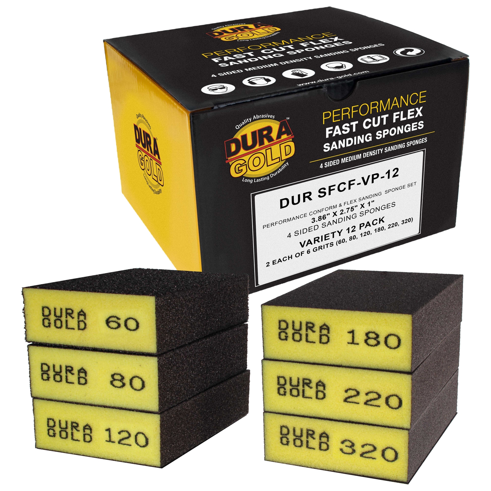 4-Sided Hand Sanding Block Sponge Variety Pack, Box of 12, 3.9″ x 2.75″ Wet/Dry