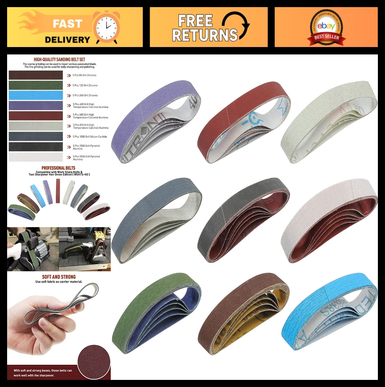 45 Pcs Knife Sharpener Sanding Belt Kit 3/4″ x 12″ – 80 to 5000 Grits for Tools