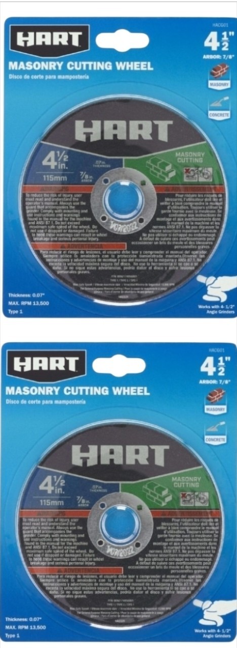 HART 4-1/2-inch Type 1 Grinder Masonry Cutting Wheel (7/8″ Arbor)- 2 PACK