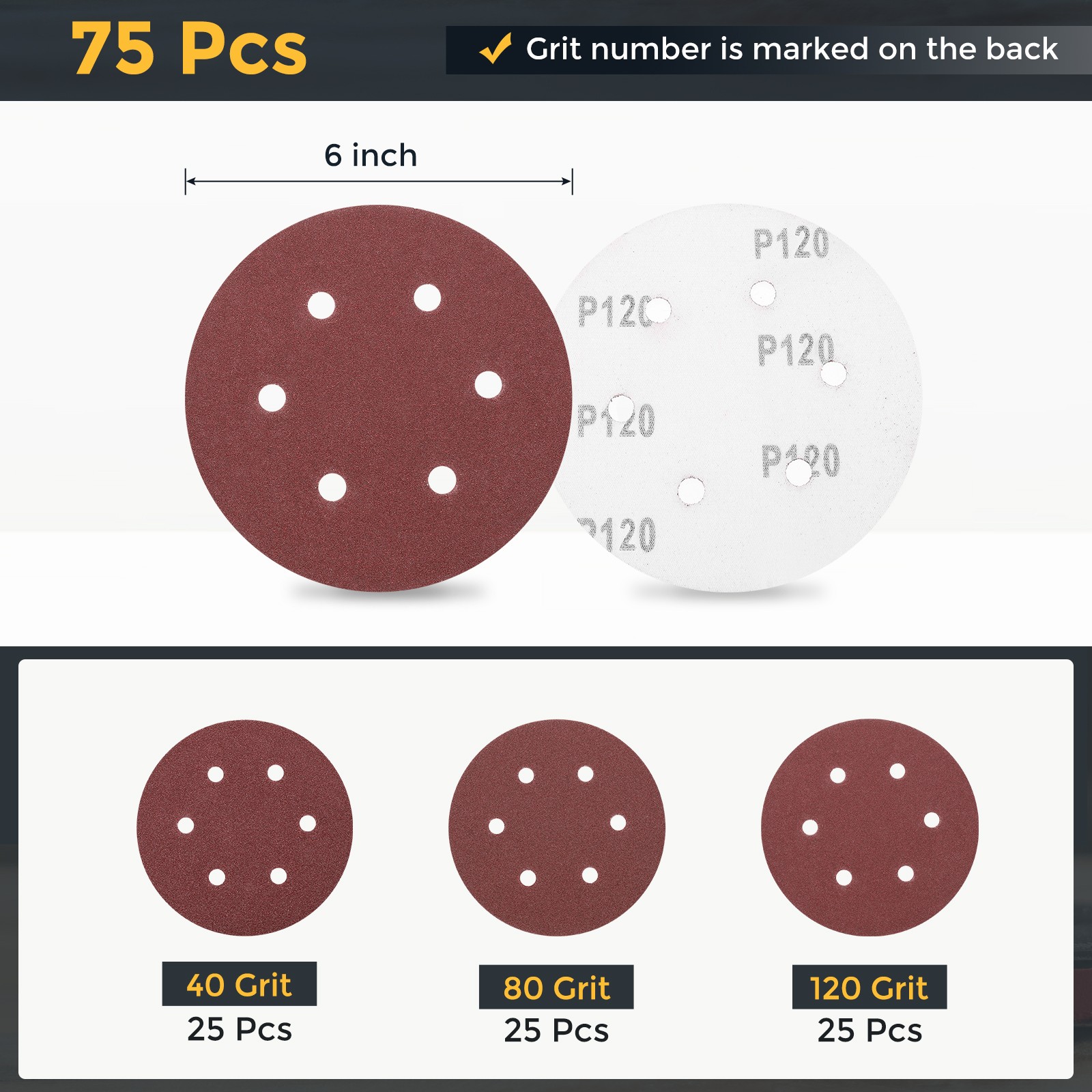 75 Pcs 6 Inch Sanding Disc 6 Hole 40/80/120 Grit Hook and Loop Sandpaper