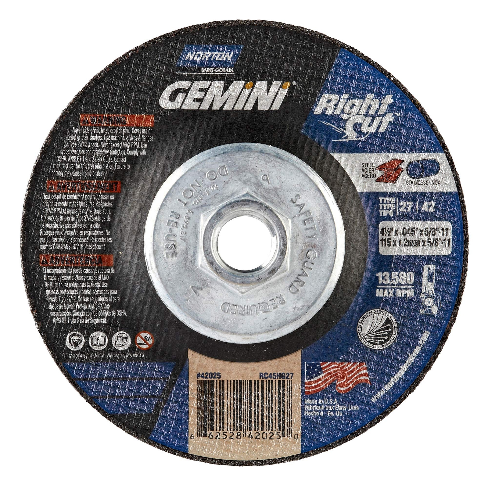 Norton 42025, 4-1/2″ X .045″ X 5/8-11, TYPE 27 DEPR. CTR. Wheel – Pack of (10)