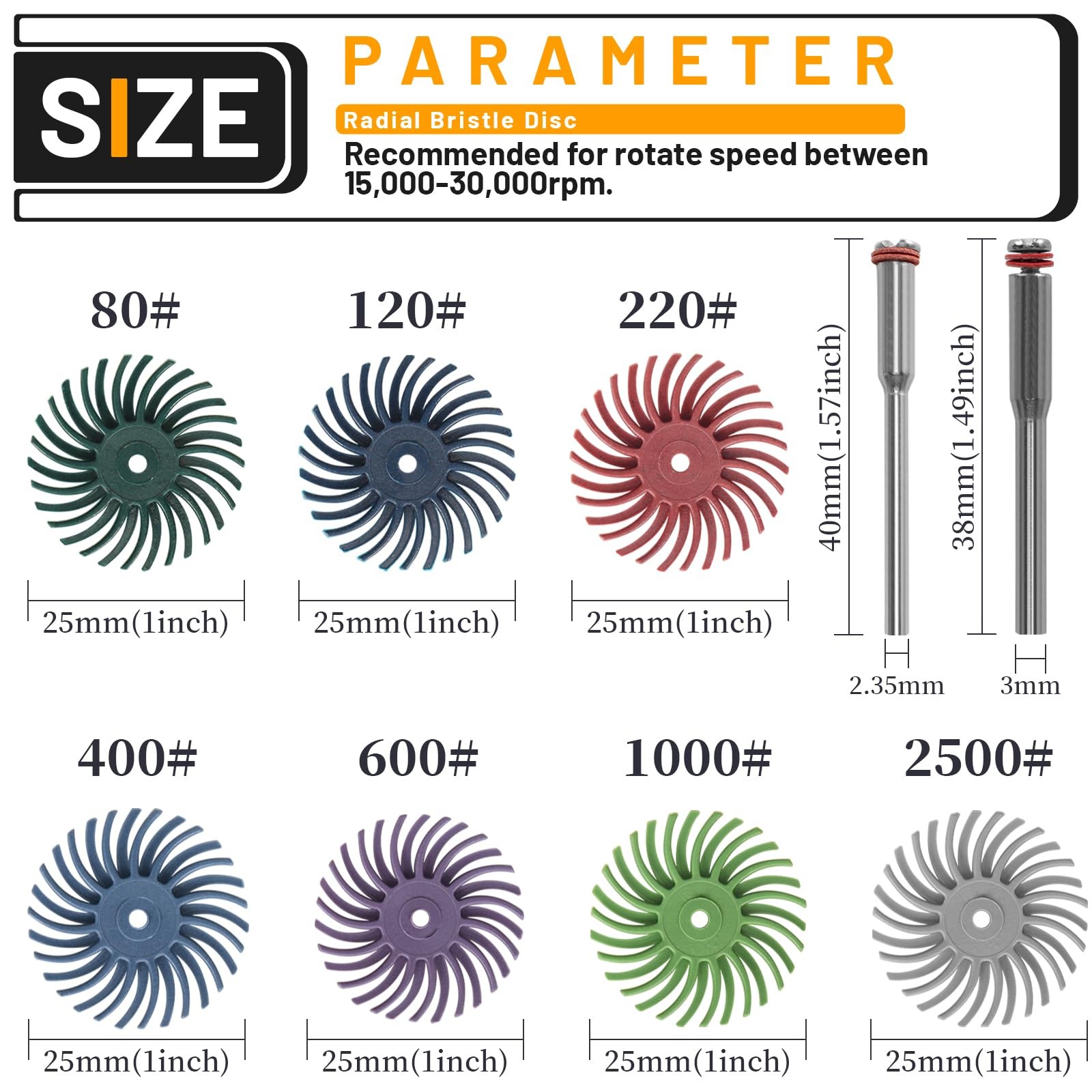 76 Pcs 1 Inch Radial Bristle Discs Kit with 3mm Shank, 80 to 2500 Grit