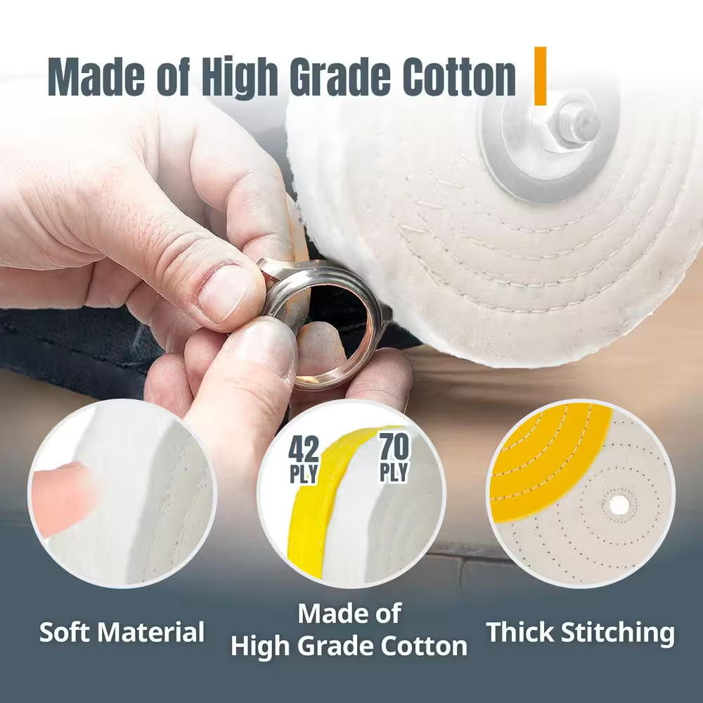 8 In. Buffing Wheels, White Cotton (70 Ply) and Yellow Cotton (42 Ply), 5/8 In.