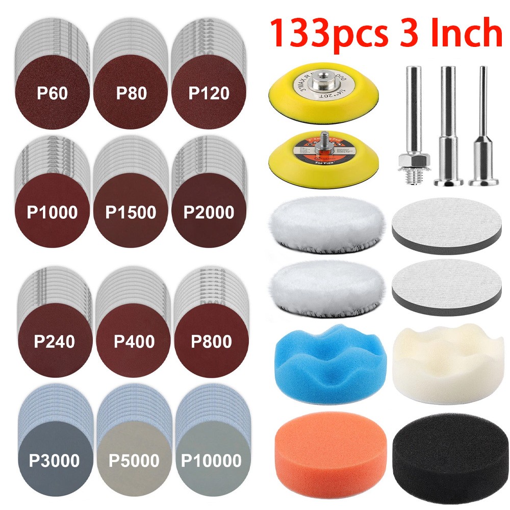 133pcs 3 Inch Sanding Disc Kit, 60-10000 Grit Wet Dry Hook & Loop Sandpaper Pads