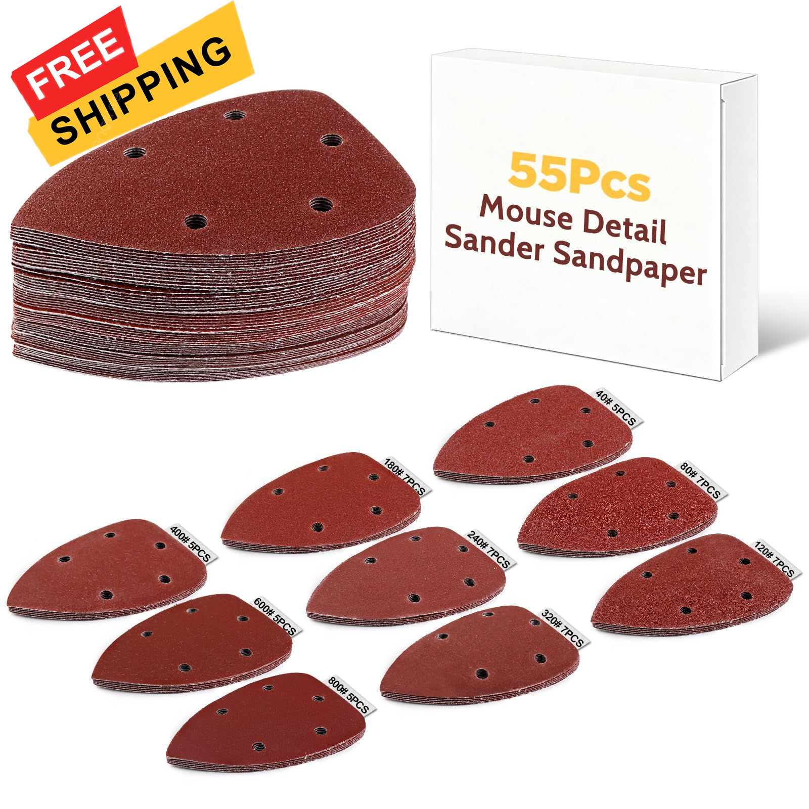 Giwiemi 55Pcs Mouse Detail Sander Sandpaper, 9 Grits 5.5 x 3.9 inches, Red