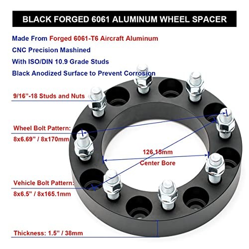 Black Forged 8×6.5 to 8×170 Wheel Adapters 1.5 Inch with 1.5 Inch, Pack of 2