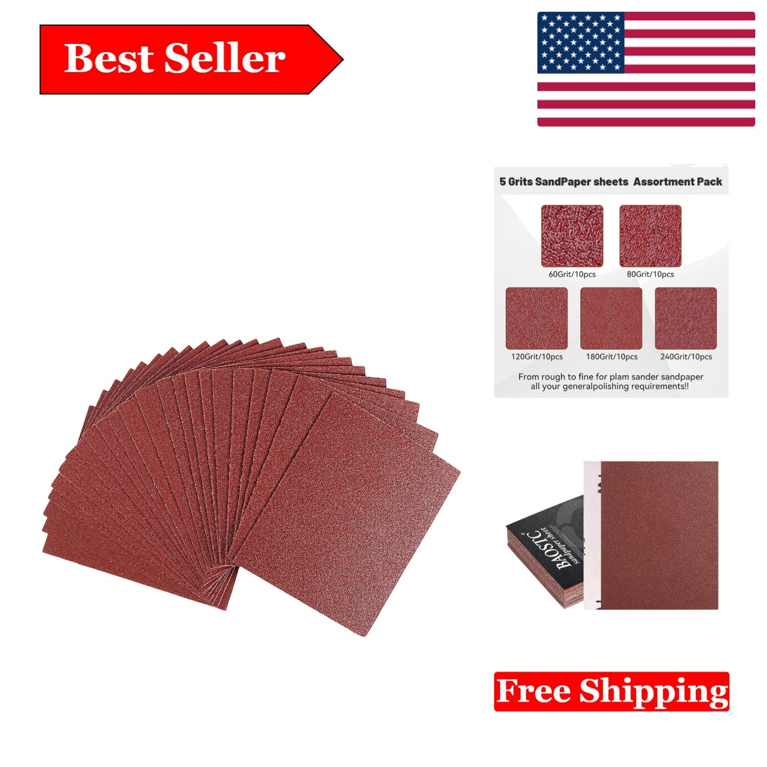 Assorted Grit 1/4 Sheet Sandpaper – 50 Pack, 4.5×5.5 Inches