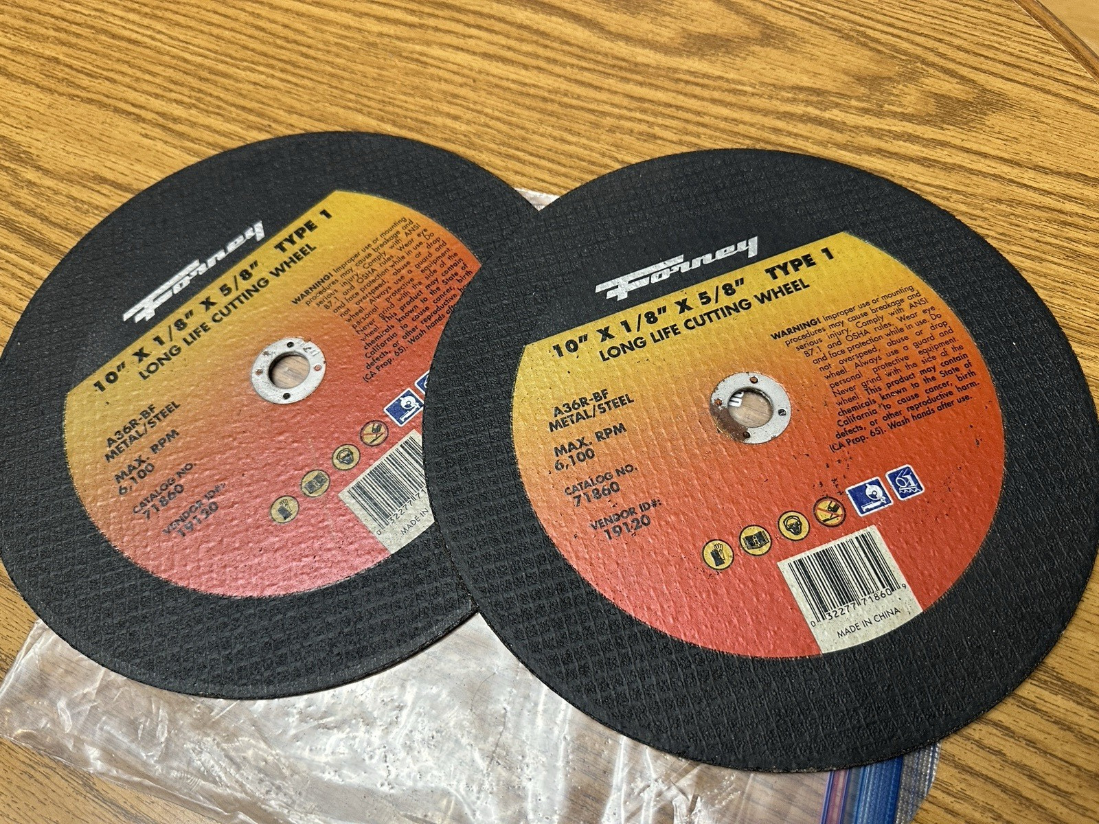 Lot of 2 Forney 71860 Aluminum Oxide 6100 rpm 10″ Dia. Cut-Off Wheel 1/8″ Thick