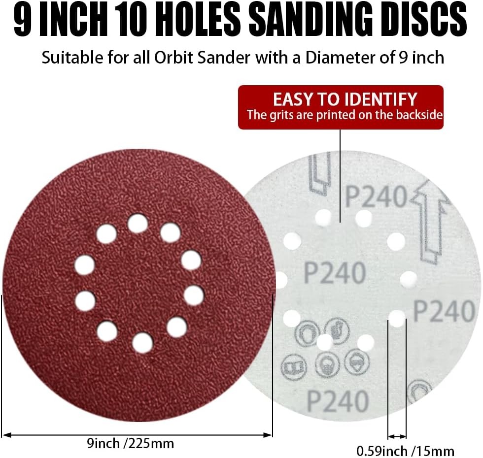 9 Inch 10 Hole Sanding Discs for Drywall Sander – 13 Pack of 240 Grits Drywall