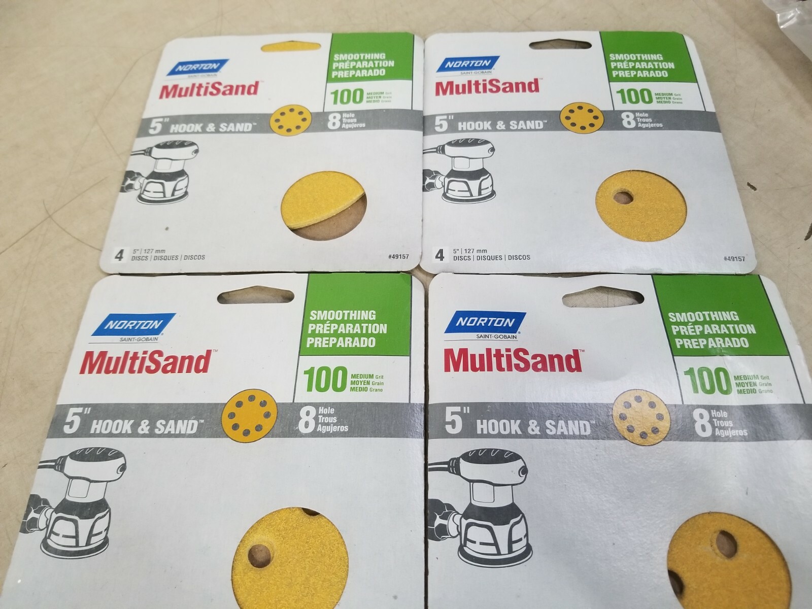 Lot of 16 – Norton Abrasives 100 Grit Disc 5″ 8 Hole, No 49157 (4/Pack)