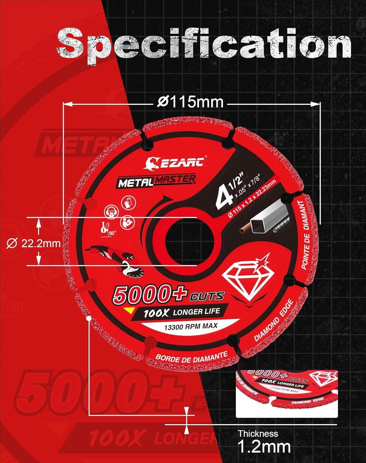 EZARC Diamond Cutting Wheel 4 1/2 x 7/8 Inch for Metal, Cut Off Red