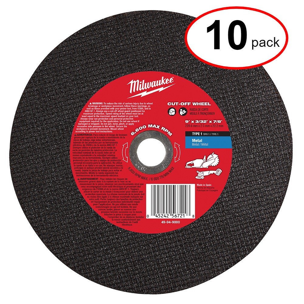 Milwaukee 49-94-9000 9″ X 3/32″ X 7/8″ METAL CUT-OFF WHEEL – (10Pack)