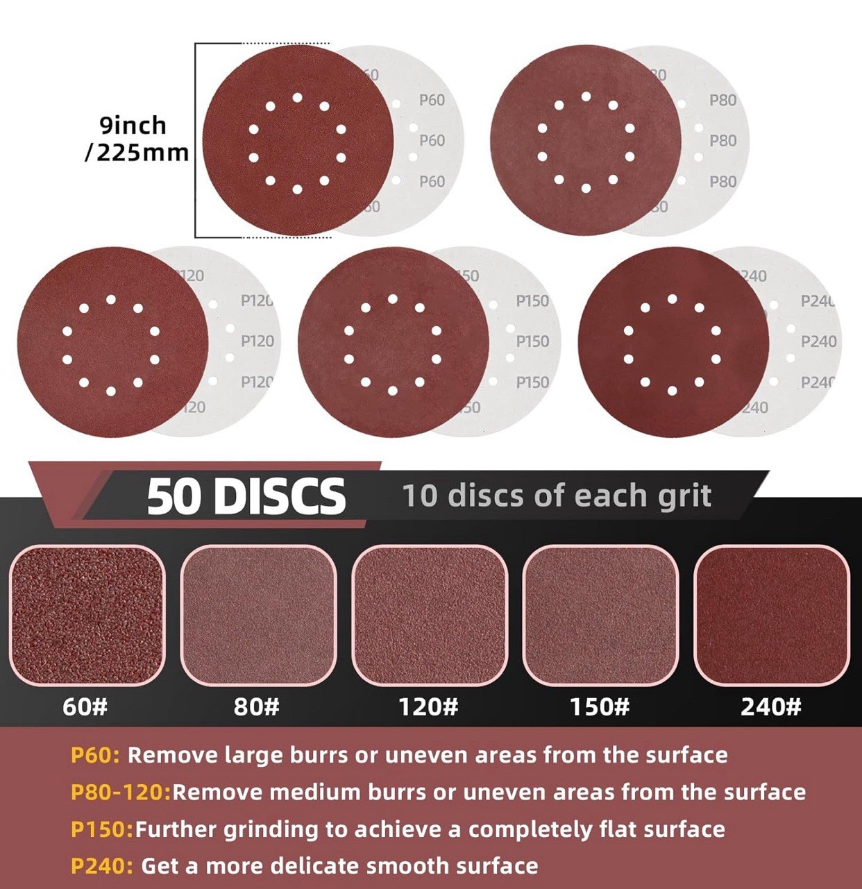 50 PCS 9”, 10-Hole Hook-and-Loop Sanding Discs for Drywall Sander Variety Pack