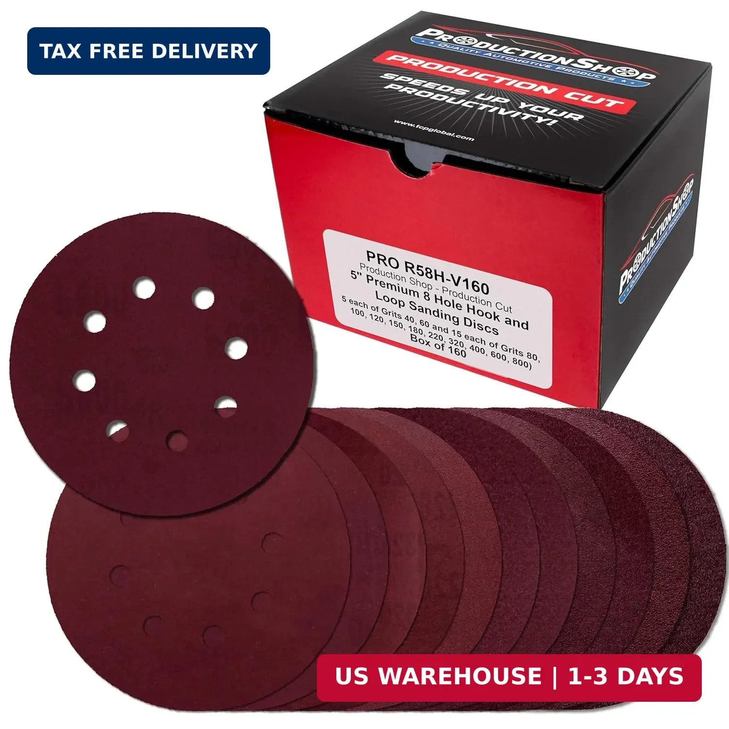 160 Pack 5 inch Sanding Discs 8-Hole Red Variety Pack Grit, Hook ,Loop Sandpaper
