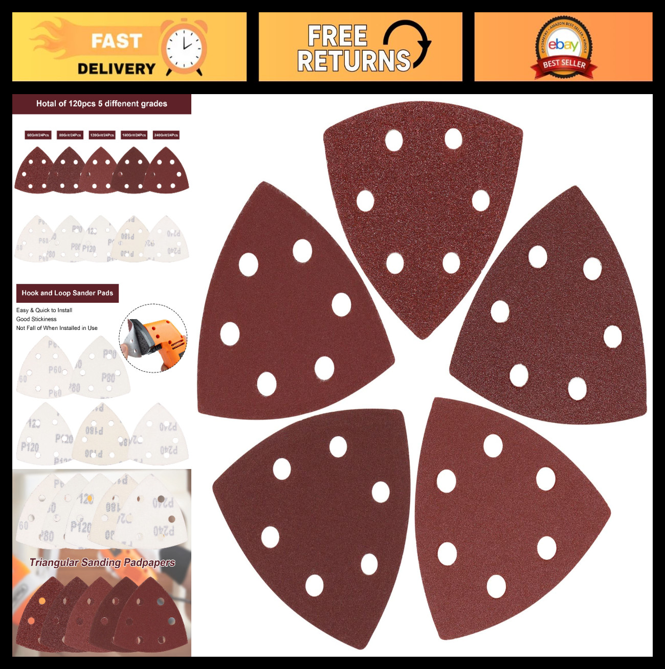 120 Pcs Triangle Sanding Pads – 60/80/120/180/240 Grit Hook & Loop Sheets for Mu
