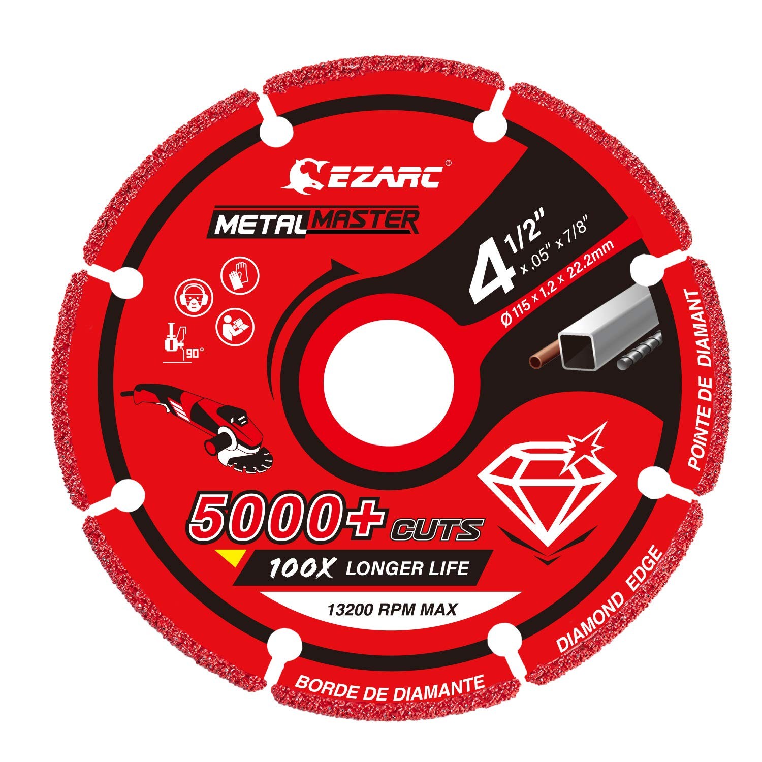 EZARC Diamond Cutting Wheel 4 1/2 x 7/8 Inch for Metal, Cut Off 115mm, Red