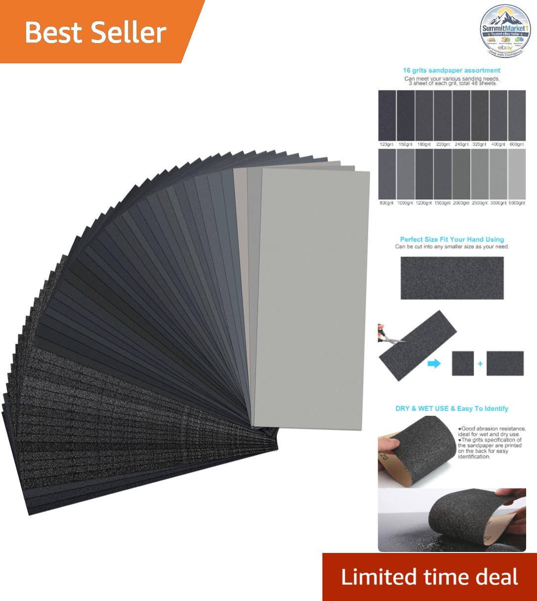 Sandpaper 48 PCS Assorted Grit 120 to 5000 Wet Dry 9 x 3.6 Inch