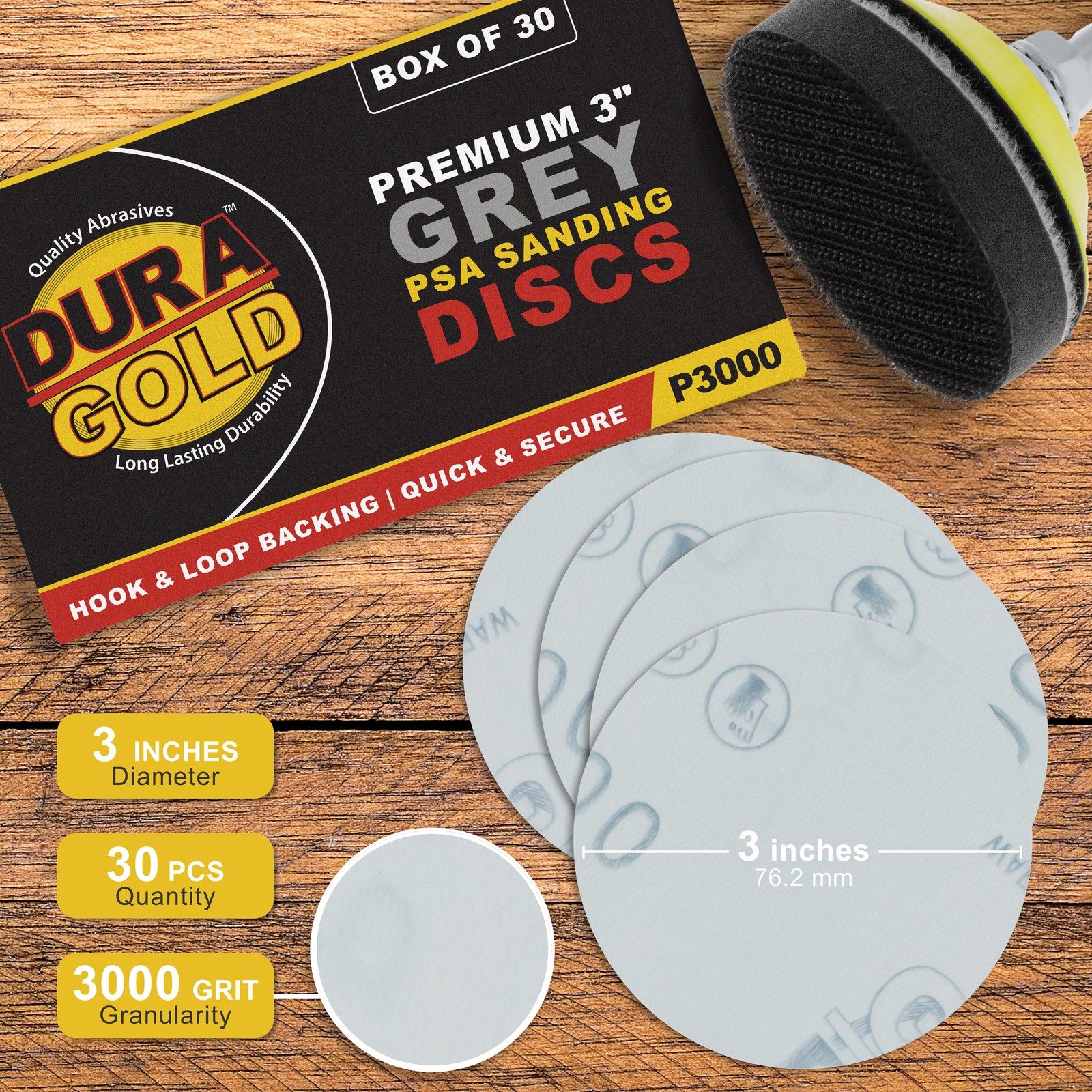 Dura-Gold 3000 Grit 3″ Green Film Hook & Loop Sanding Discs for DA Sanders, 30ct
