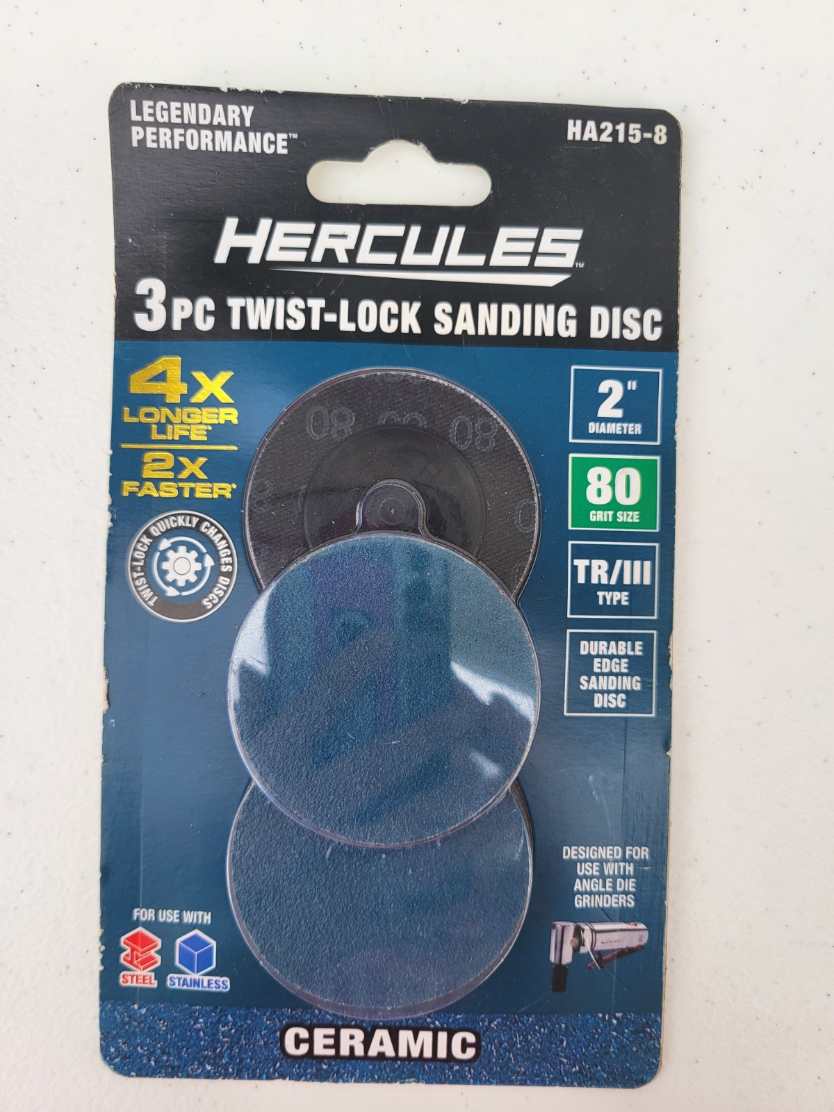 Hercules 3 Piece 2″ Ceramic Twist-lock Sanding Disc Set 80 Grit New In Package