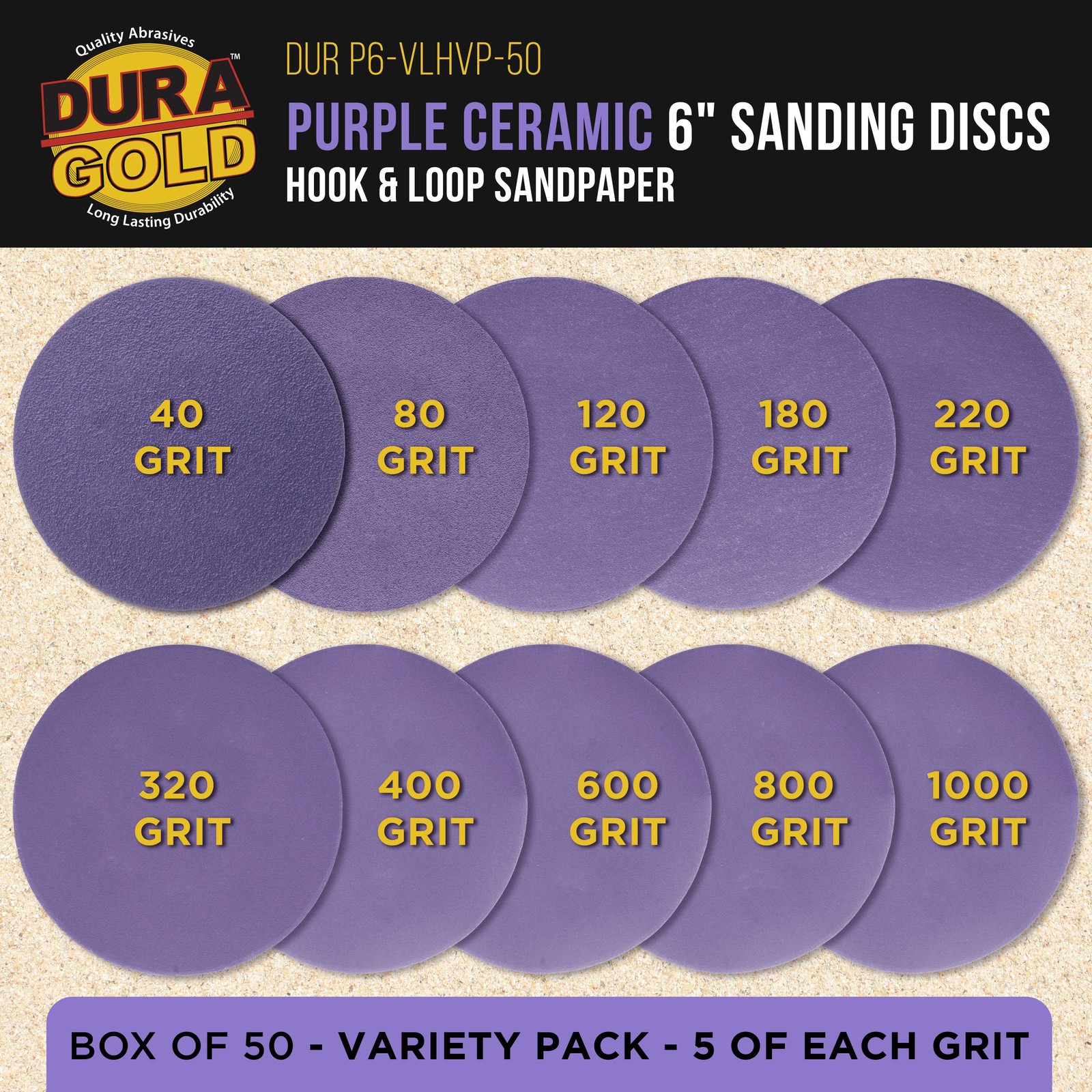 6″ Purple Ceramic Sanding Discs, 50 Disc Variety Pack – Hook & Loop Sandpaper