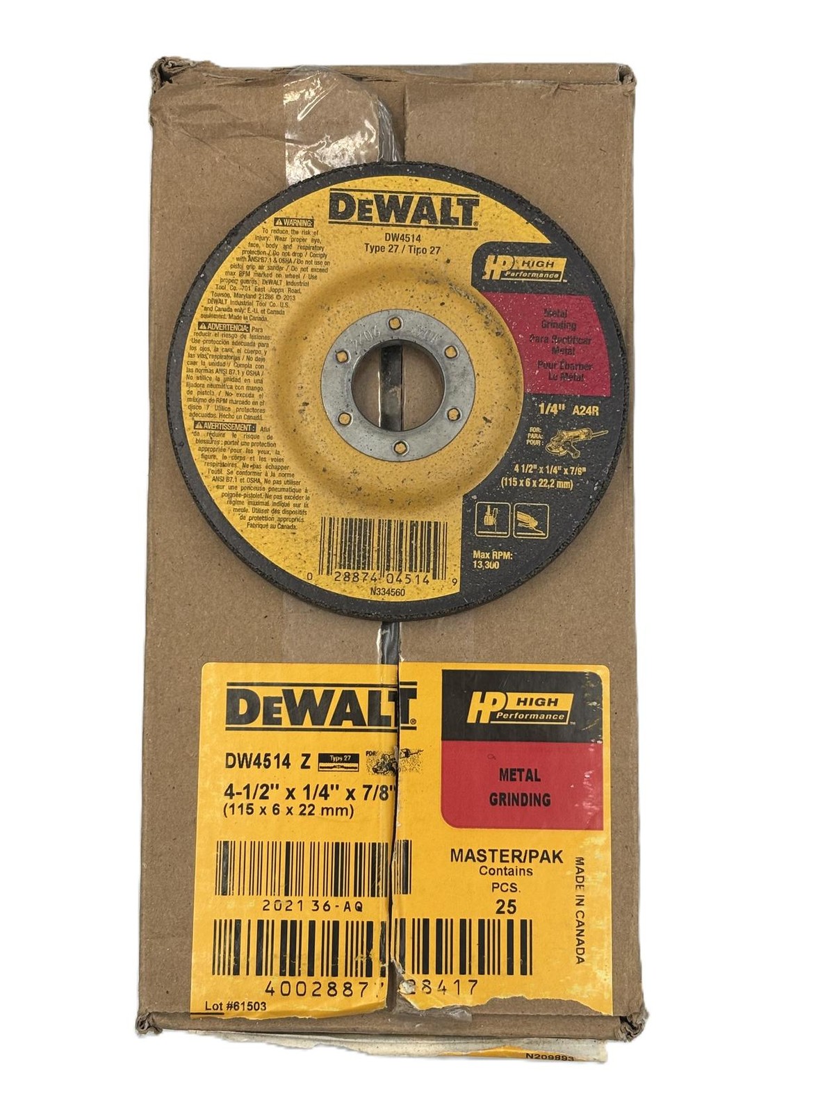 25-PK DEWALT DW4514 1/4″ Thick Grinding Wheel w/ 4-1/2″ Diameter and 7/8″ Arbor