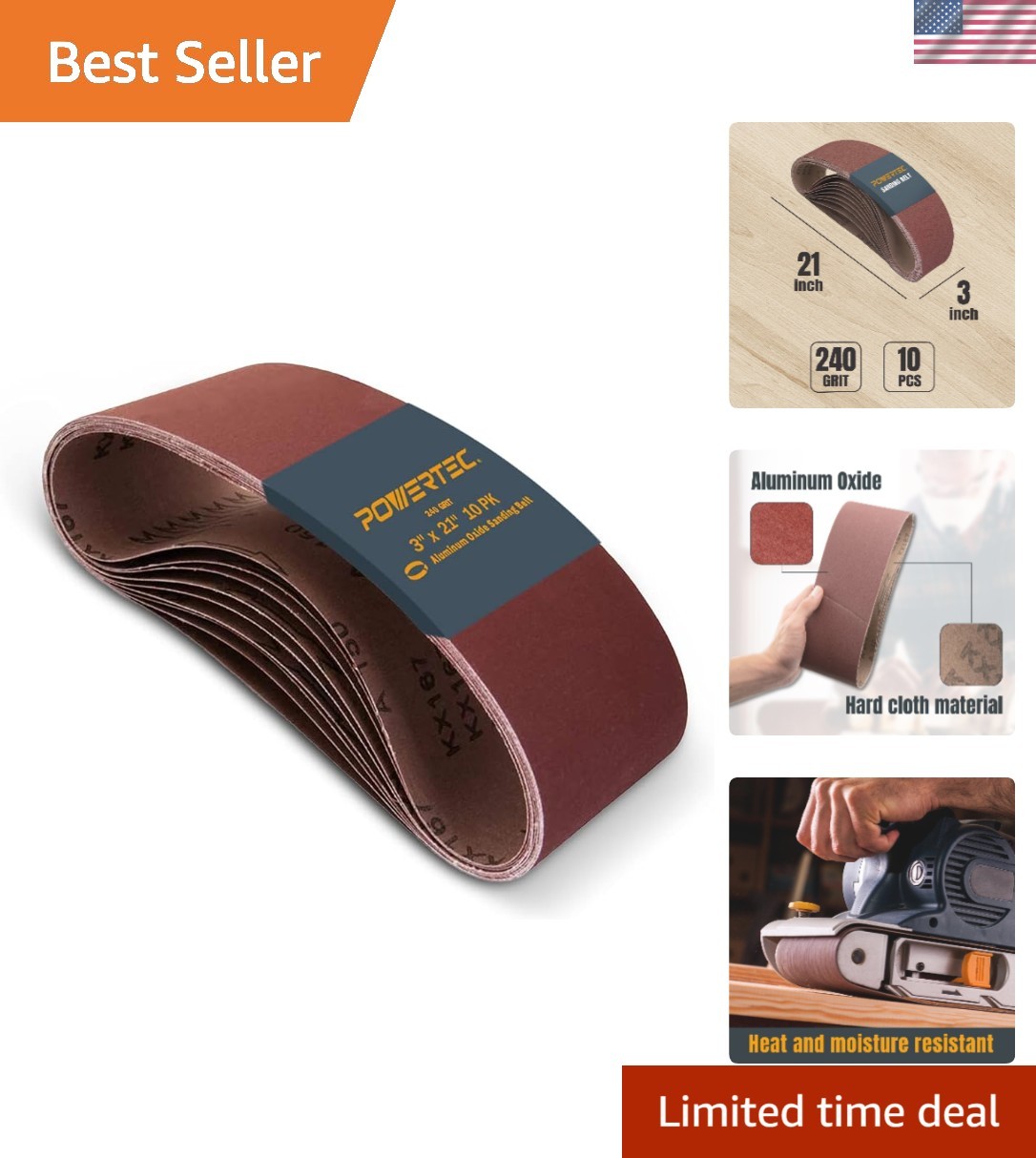 3×21 Inch Sanding Belts – 240 Grit Aluminum, 10pk for Professional Finish