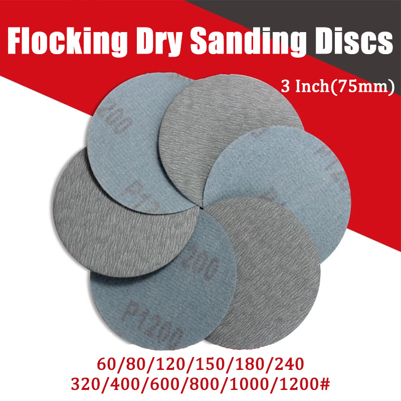 75mm-3″Inch Flocking Dry Sanding Discs Hook and Loop Sandpaper Pads 60#-1200#