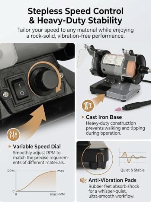 3″ Mini Bench Grinder and Polisher, Variable Speed Table Grinder for