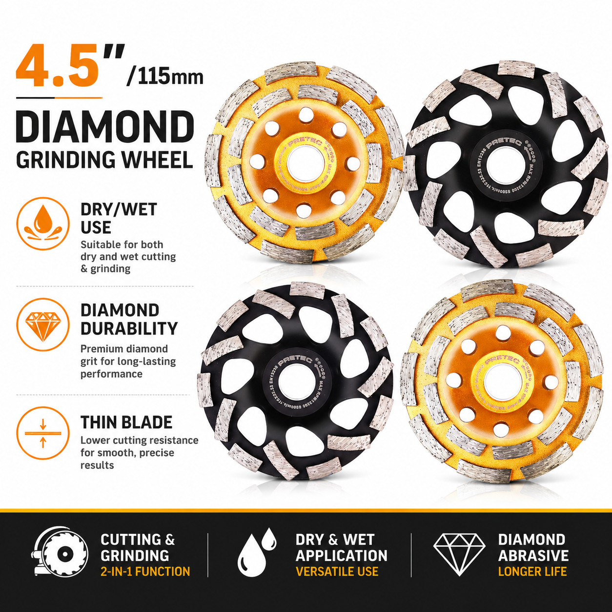 4PC 4-1/2″ Diamond Cup Grinding Wheels Double Row Concrete 18 seg Angle Grinder