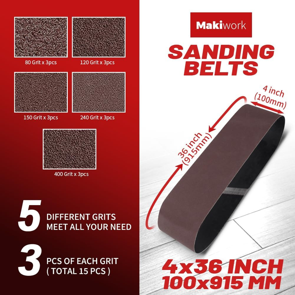 4 X 36 Inch 100 X 915 Mm Sanding Belts Set – 15-Pack with 80/120/150/240/400 Gri