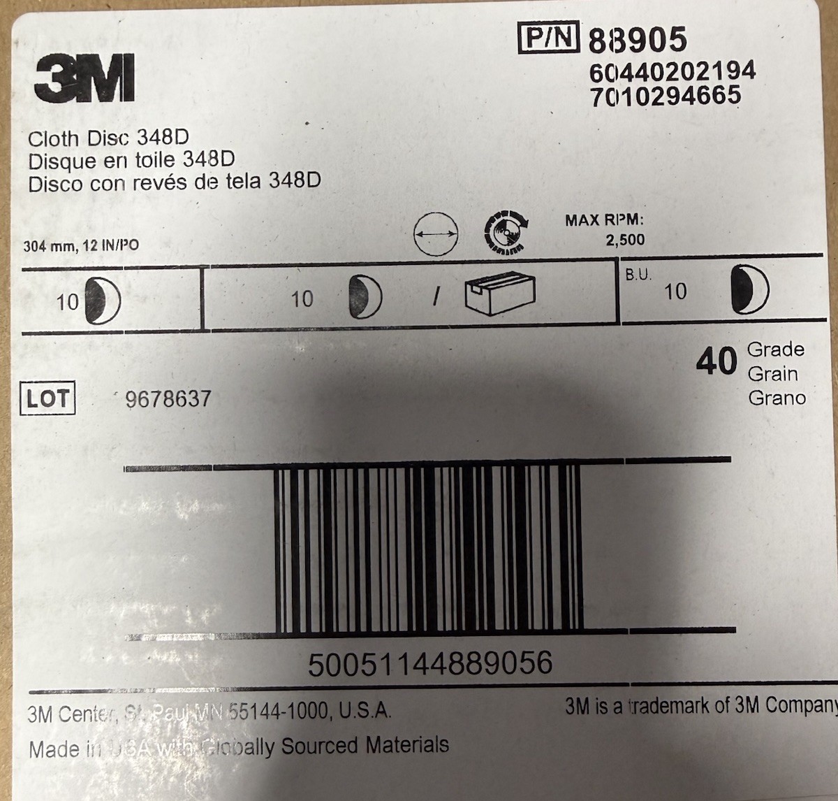 3M PSA Cloth Disc 348D, 40 X-weight, 12 in x NH, Die 1200B