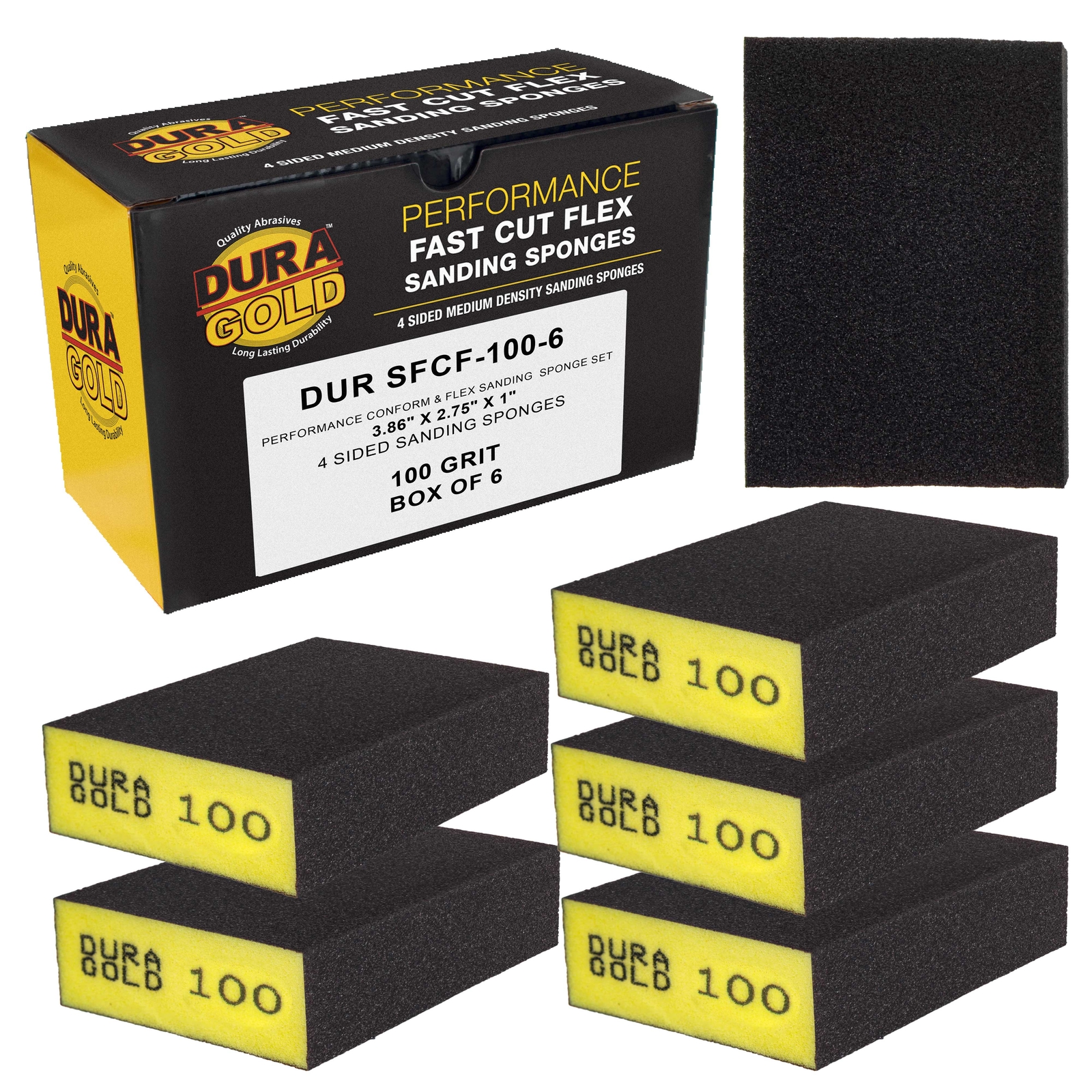 100 Grit 4-Sided Hand Sanding Block Sponges, 6/Box – 3.9″ x 2.75″ x 1″ Wet/Dry